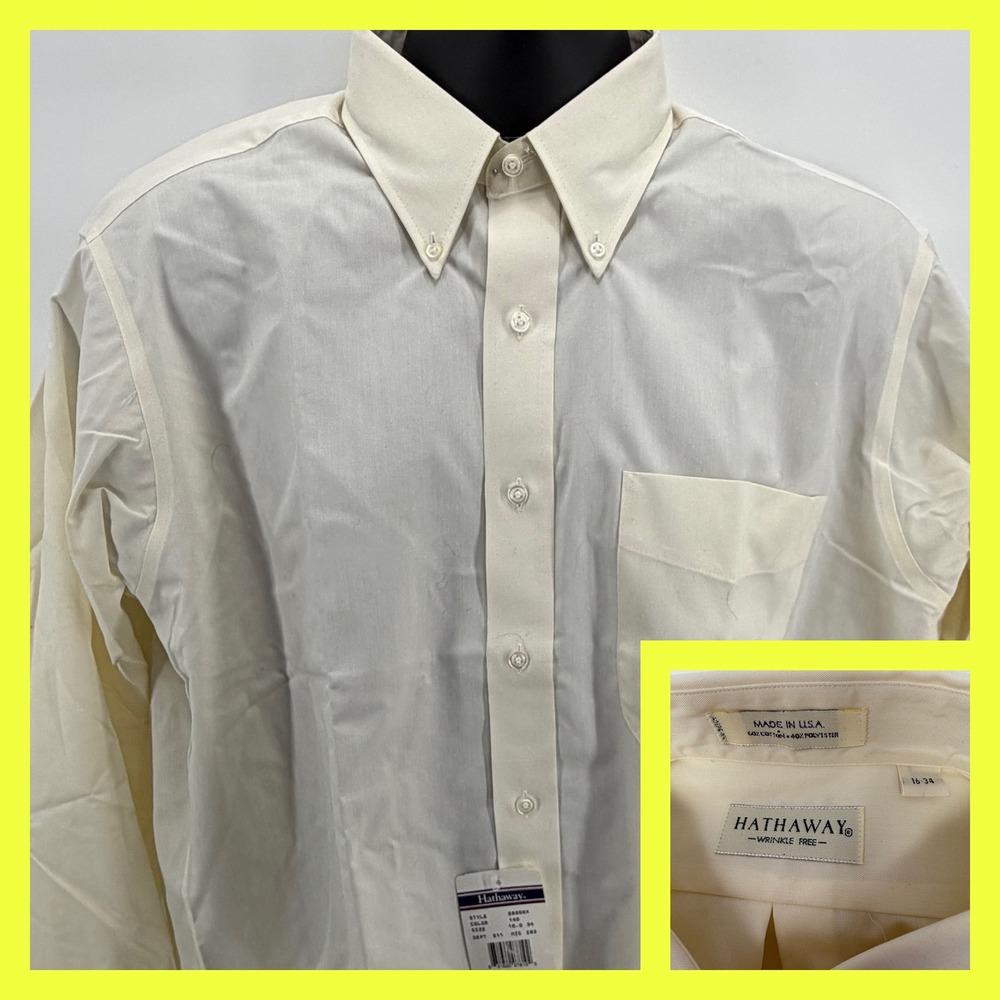 Hathaway Men's‎ Dress Shirt 16 34 Cream Button Down Wrinkle Free Made in USA NWT